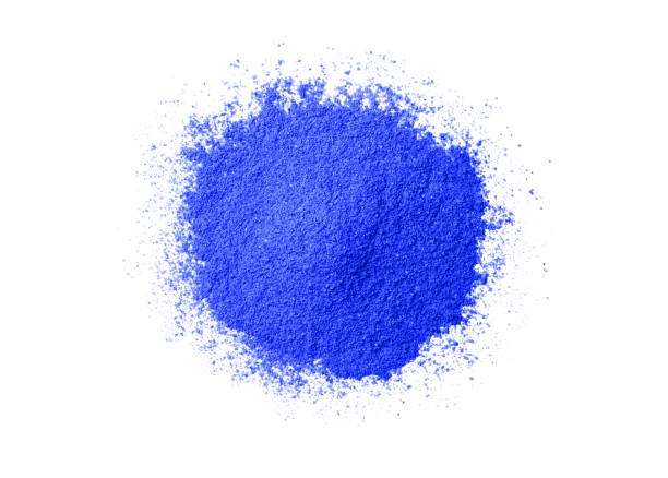 Pile of blue powder isolated on white background, top view, flat lay.
