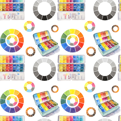 Seamless pattern with box watercolor multicolor paints and color circle wheel isolated on white background. Artist palette. Hand-drawn object for sketchbook or coloring book. Wallpaper or wrapping.