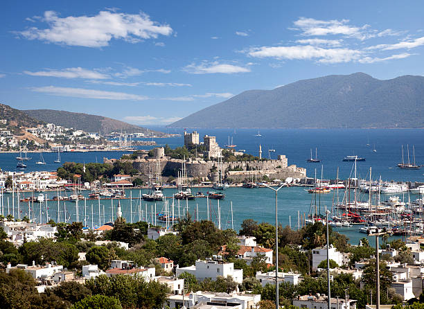 Bodrum castle in Turkey in center of bay General view of Bodrum castle and harbor. Very famous place of Turkey. aegean turkey photos stock pictures, royalty-free photos & images
