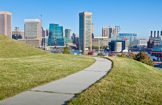 Baltimore's Federal Hill, overlooking the Inner Harbor and its many tall buildings on a sunny autumn afternoon under a clear blue sky. A paved sidewalk winds its way along the terraced community park.