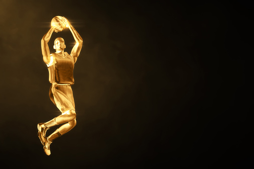 3d illustration shiny golden professional basketball player shooting on dark background