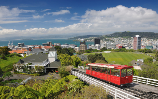 Historic Cable Car, Wellington, New Zealand with skyline and Harbor of Wellington in back. The typical New Zealand Fern in the lower left. Nikon D3X. Converted from RAW.