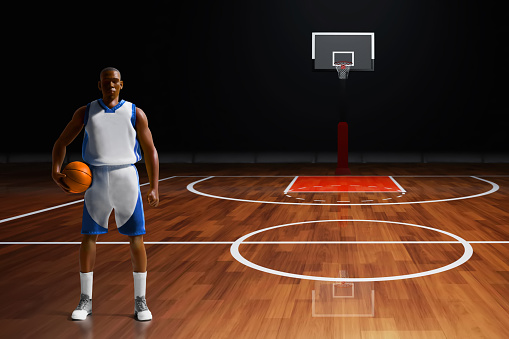 3d illustration professional basketball player holding a ball in empty sport arena
