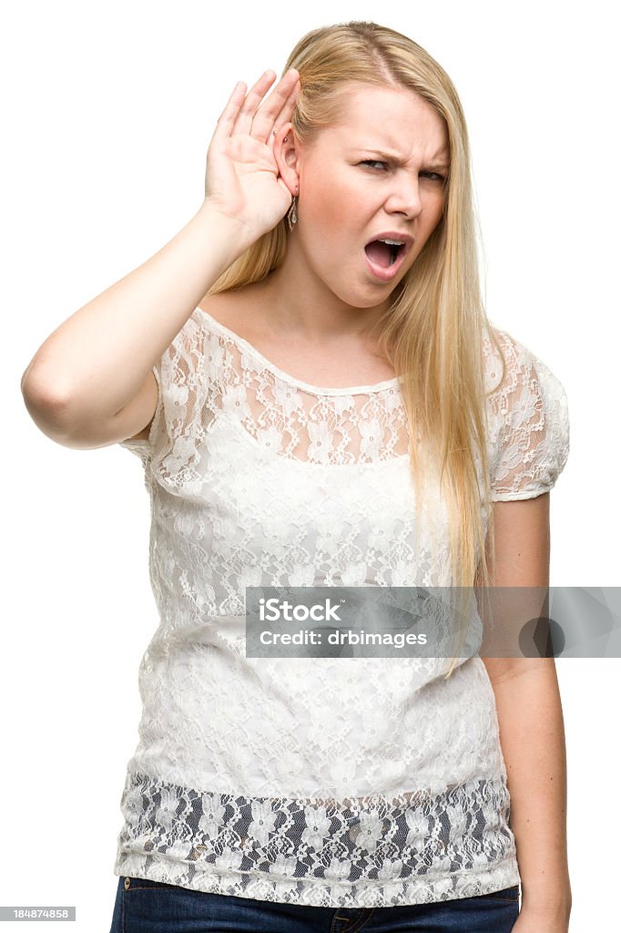 Young Woman Hears Something Shocking Portrait of a young woman on a white background. http://s3.amazonaws.com/drbimages/m/vi.jpg 20-24 Years Stock Photo