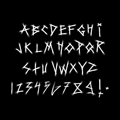 vector hand drawn scribbled font arranged, letters, alphabet, typeface. original texture. on black background