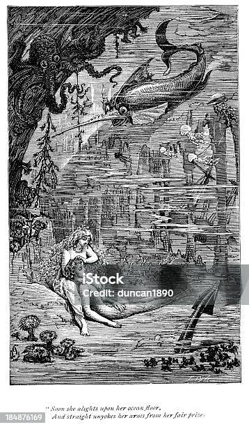 Русалка И The Sailor — стоковая векторная графика и другие изображения на тему Гравюра - Гравюра, Морское Чудовище, Русалка