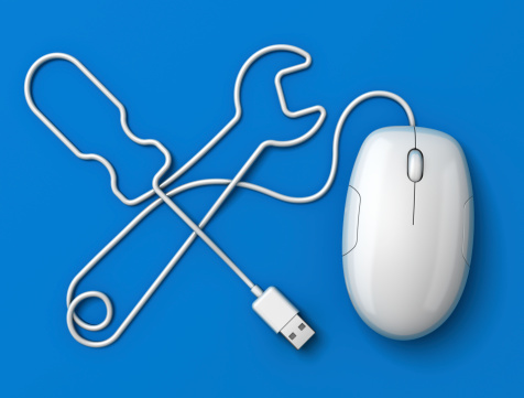 Application software or computer repair concept with a wired usb mouse cable shaped as a tools icon. 3d render on a plain blue background.Click for more mouse cable technology concepts: