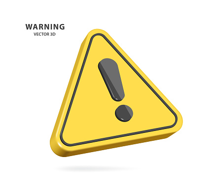 An exclamation mark or warning on a yellow triangle sign with a black border, for warning about impending danger, vector 3d isolated on white background for design