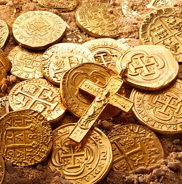 Ship treasure with gold cross and doubloons