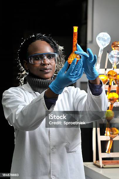 Supervisa Biochemst Líquido En El Matraz Foto de stock y más banco de imágenes de Adulto - Adulto, Africano-americano, Afrodescendiente