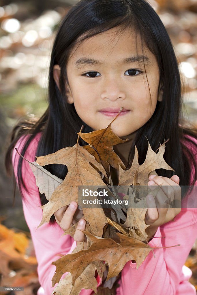 Chiński dziewczynka gospodarstwa liście - Zbiór zdjęć royalty-free (8 - 9 lat)