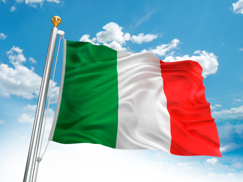 Waving Italian flag against cloudy sky. High resolution 3D render.