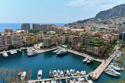 Monaco - Jul 23, 2022: Port Fontvieille is also known as Port of Fontvieille or Le Port de Fontvieille and it is situated in Monaco, which is situated on the Cote d'Azur, on the French Riviera.