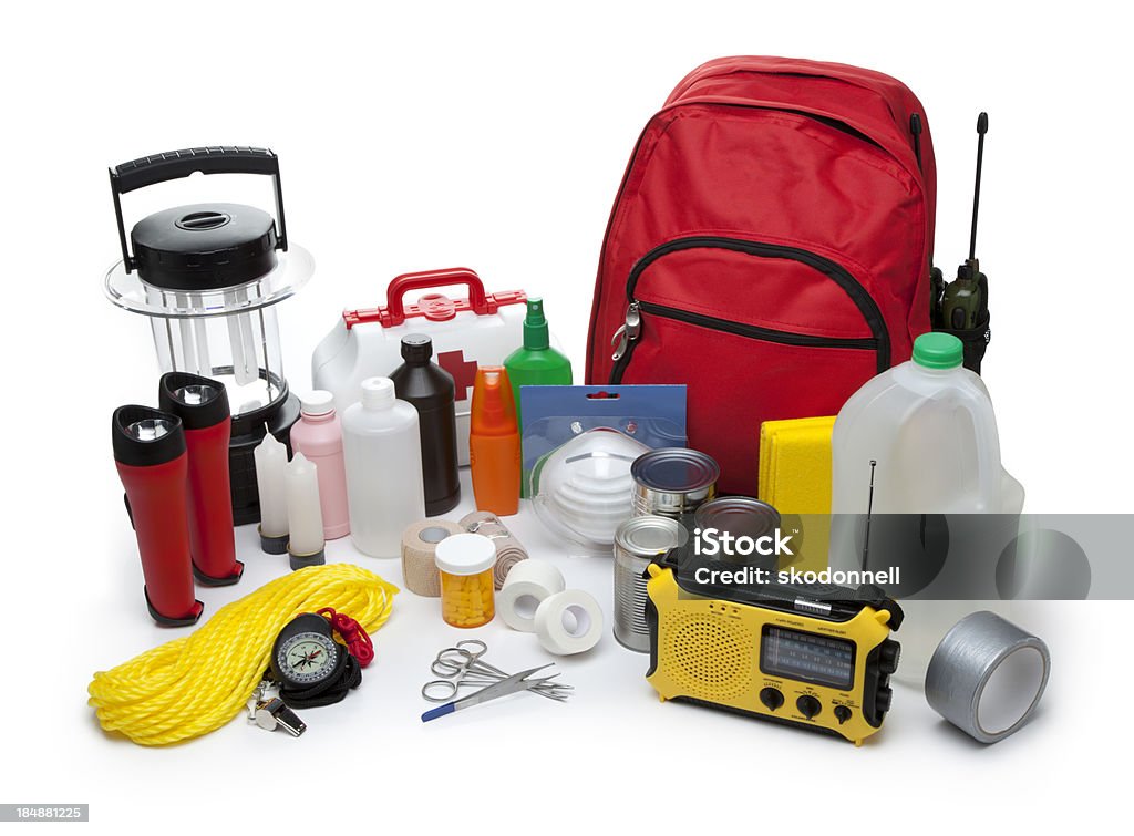Disaster Emergency Supplies This is a photo of a variety of Emergency Supplies isolated on a white background.Click on the links below to view lightboxes. Accidents and Disasters Stock Photo