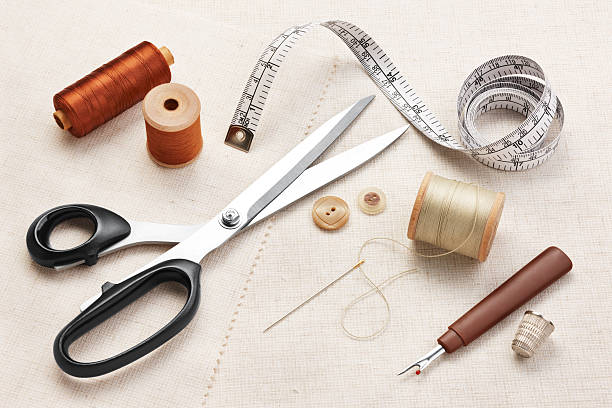 sewing items various type of sewing tools on textile tailor photos stock pictures, royalty-free photos & images