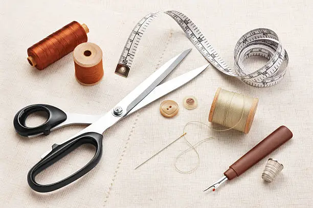 various type of sewing tools on textile