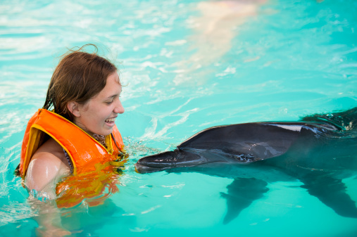 Young women and the dolphin having fun in the swimming pool