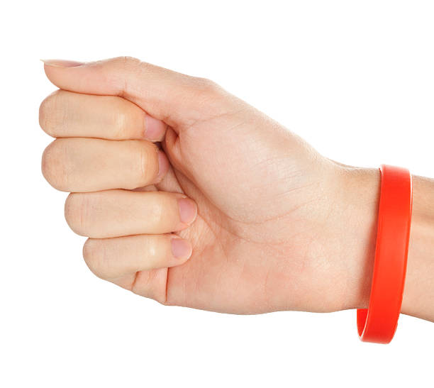 istock Right hand wearing red bracelet isolated on white 184882542