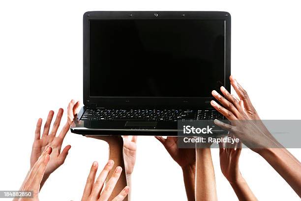 Many Hands Reaching Up For Laptop Against White Stock Photo - Download Image Now - Anticipation, Arms Raised, Aspirations