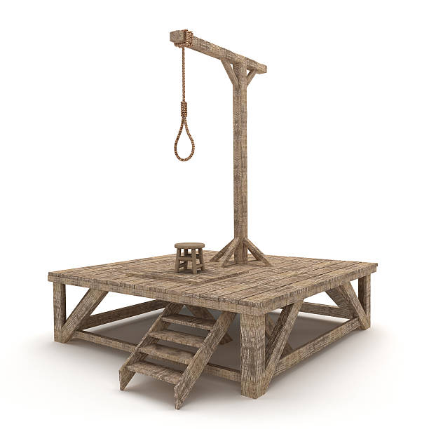 Gallows Gallows with old wood texturing isolated on white. hangman stock pictures, royalty-free photos & images