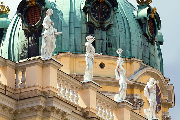 Baroque sculptures, balustrade and cupola of palace Charlottenburg in Berlin. Detailed view of rebuilded and renovated cupola of Palace Charlottenburg, that was destroyed in world war two. Famous building and palace grounded to architects Johann Arnold Nering, Martin Grünberg and later andreas Schlüter. Today this palace of 17th century in its baroque and rococo styles is used as museum in Berlin Charlottenburg-Wilmersdorf.