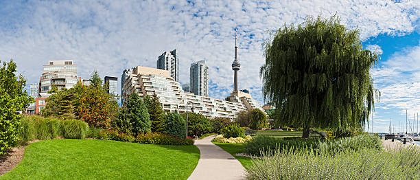 toronto music garden waterfront apartamentos cn tower panorama canadá - toronto waterfront commercial dock canada - fotografias e filmes do acervo