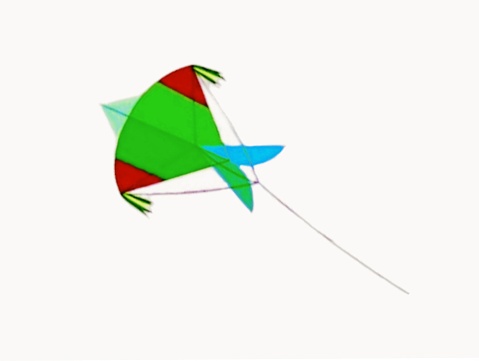 The white background in the picture is a green, red, and blue polygonal kite with a long white string, used for flying on windy evenings in wide open spaces.