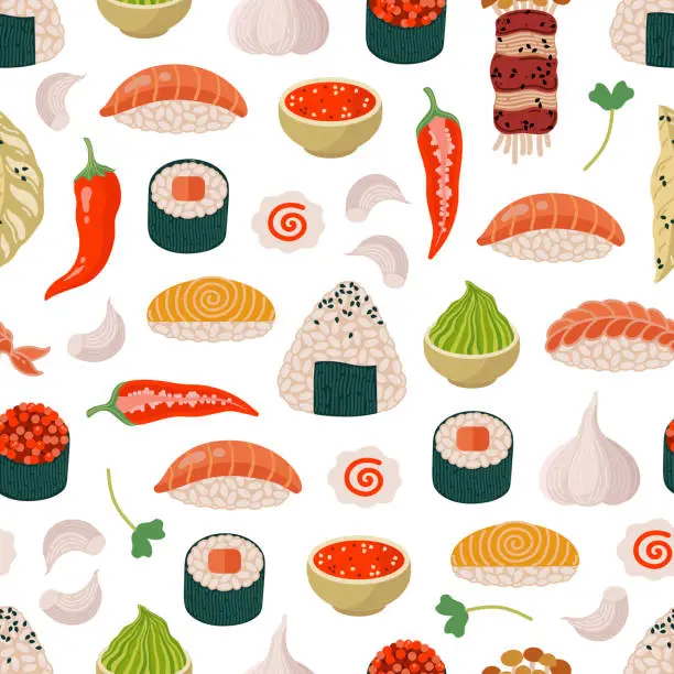 Vector illustration of Asian food seamless vector pattern. Tasty Japanese and Korean snacks - onigiri, nigiri, sushi, gyoza, rolls. Spicy seasonings - garlic, wasabi, hot pepper, sriracha. Flat cartoon background for print