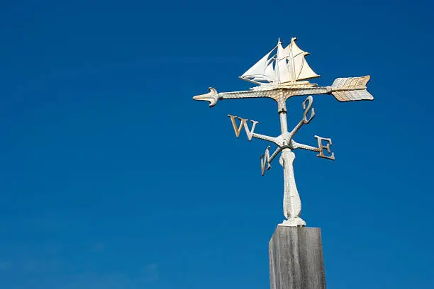 Low angle view of sailboat wind vane against clear sky with copy space.