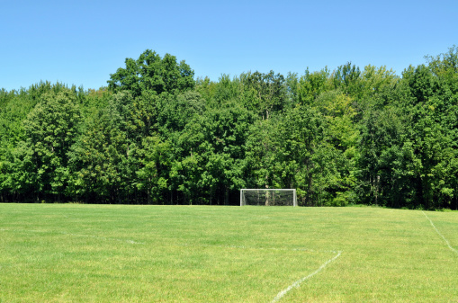A soccer field at a school on a clear day. Also in this series: