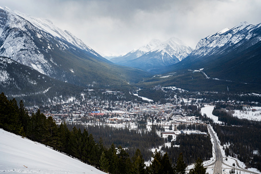 Aerial view point of Banff town from an overlook, Banff, Alberta, Canada