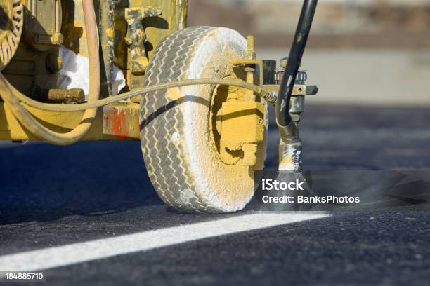 Parking Lot Stripe Painting On New Asphalt Stock Photo - Download Image Now - Road Marking, Painting - Activity, Parking Lot