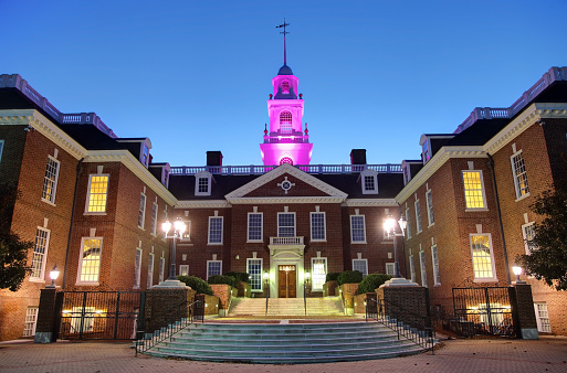 The Delaware Legislative Hall is the state capitol building of Delaware located in the state capital of Dover on Court Street. It houses the chambers and offices of the Delaware General Assembly.