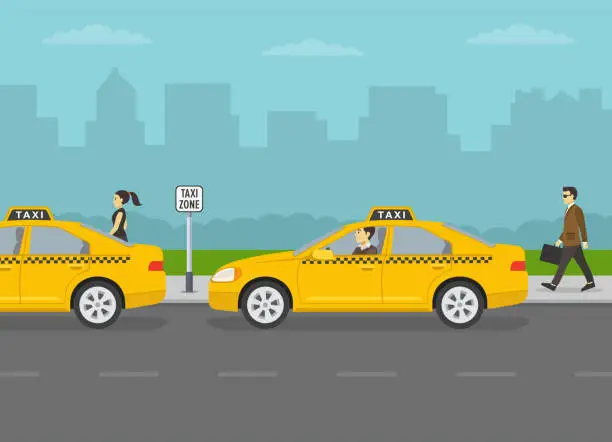 Vector illustration of City taxi service parking area. Side view of parallel parked yellow cabs. Vector illustration template.