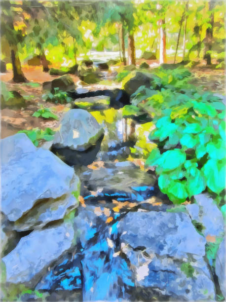 istock Watercolor mountain landscape. Mountain stream, stones covered with moss, water cascade, waterfall. Digital painting. Watercolor drawing 1848869231