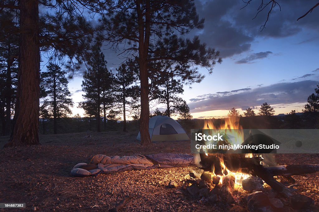 Camp Fire all'alba - Foto stock royalty-free di Campeggiare