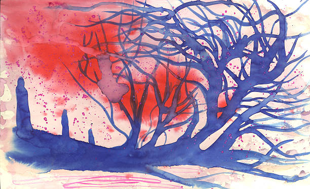 three prophets "watercolor abstract of three figures and a tree, red dramatic sky" Armageddon Bible stock illustrations