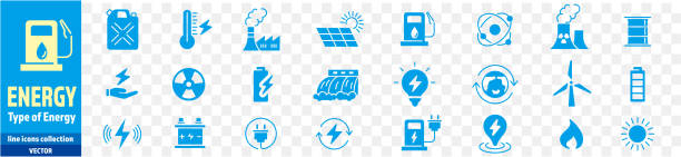 ilustraciones, imágenes clip art, dibujos animados e iconos de stock de electricidad, tipos de energía, energía, trazo editable de la colección de iconos, hidroeléctrica, solar, agua, fuego, fuente de alimentación, mina de carbón, ilustración vectorial. - solar power station sun water collection