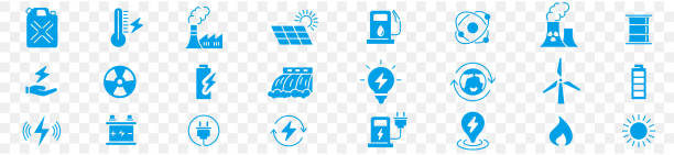 ilustraciones, imágenes clip art, dibujos animados e iconos de stock de electricidad, tipos de energía, energía, trazo editable de la colección de iconos, hidroeléctrica, solar, agua, fuego, fuente de alimentación, mina de carbón, ilustración vectorial. - solar power station sun water collection