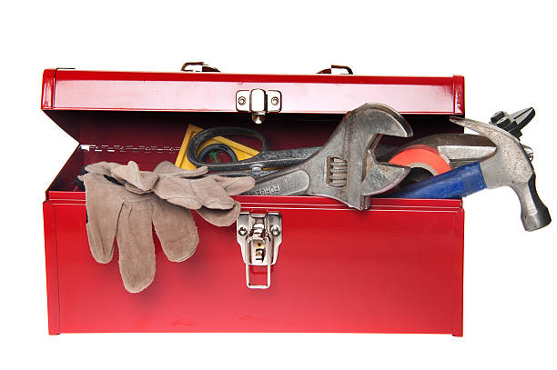 rouge boîte à outils avec des outils - toolbox photos et images de collection