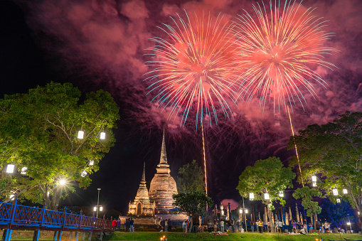 Fireworks Sukhothai Loy Krathong at Sukhothai historical park , Sukhothai, Thailand.