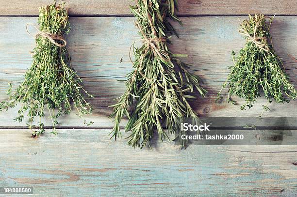 Fresh Rosemary And Thyme Stock Photo - Download Image Now - Backgrounds, Branch - Plant Part, Bunch