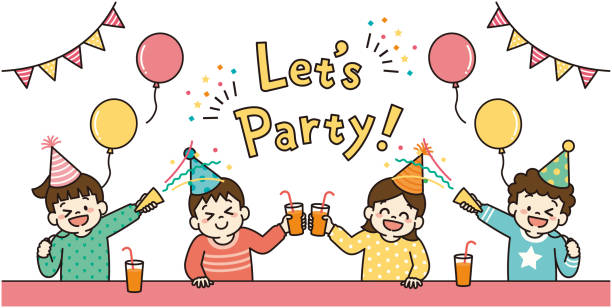 illustrazioni stock, clip art, cartoni animati e icone di tendenza di illustrazione vettoriale dei bambini che si divertono con la festa - party hat party popper party congratulating