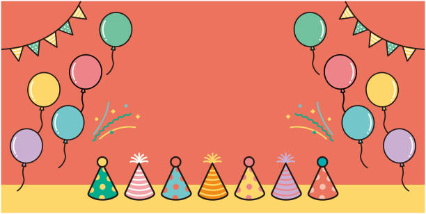 풍선, 화환, 파티 모자와 파티 파티의 벡터 프레임 - party hat party popper party congratulating stock illustrations