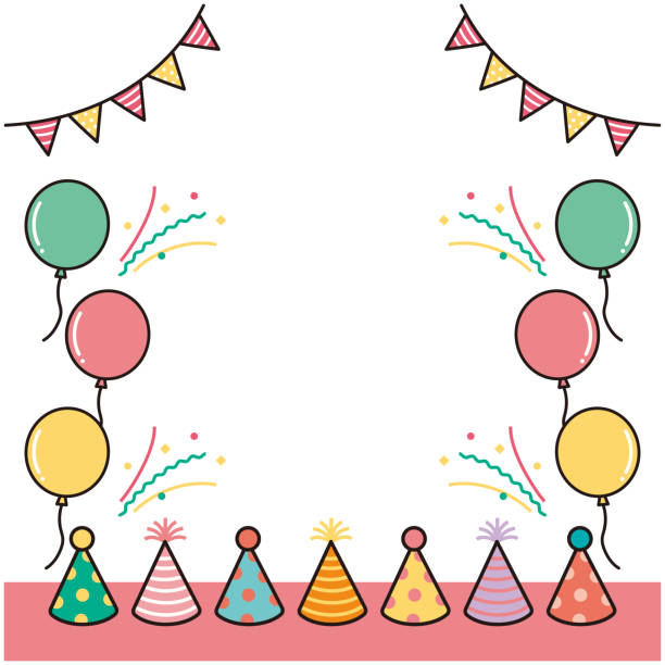illustrazioni stock, clip art, cartoni animati e icone di tendenza di cornice vettoriale della festa con palloncino, ghirlanda e cappello da festa - party hat party popper party congratulating