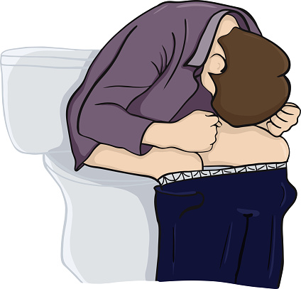 Concept of chronic constipation by a man sitting on the toilet who has hard stool passages,lumpy and difficult bowel movements. vector illustration.