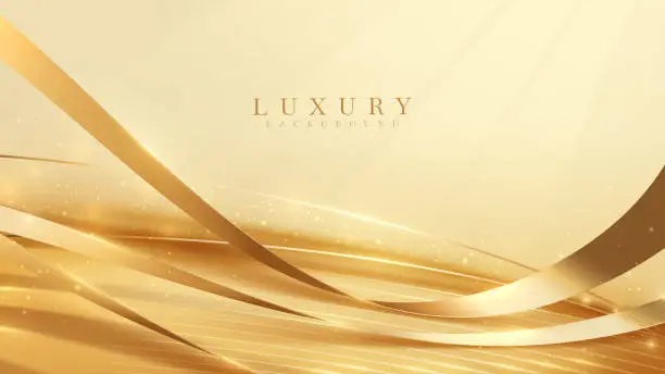 Vector illustration of Gold luxury background with ribbon elements and glitter light effects decorations and bokeh.