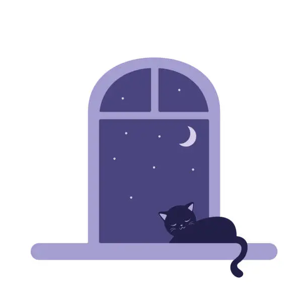 Vector illustration of Cute Cat Sleeping on the Windowsill.