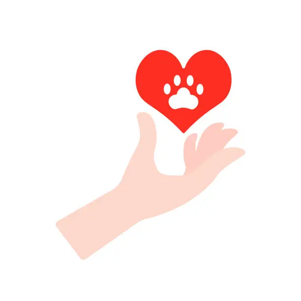 Vector illustration of Heart Shape with Pet Footprint. Hand Holding Heart Shape.