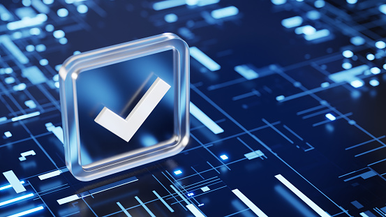 Check box symbol, 3d glossy icon on abstract technology background. Success, approved, electronic voting concept. 3d render